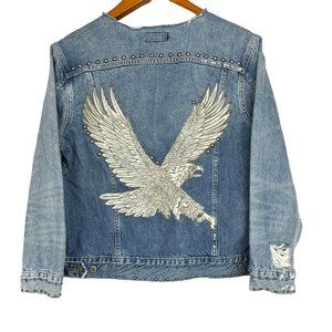 Lucky Brand Women's Distressed Denim Trucker Jacket Embroidered Eagle Size XL